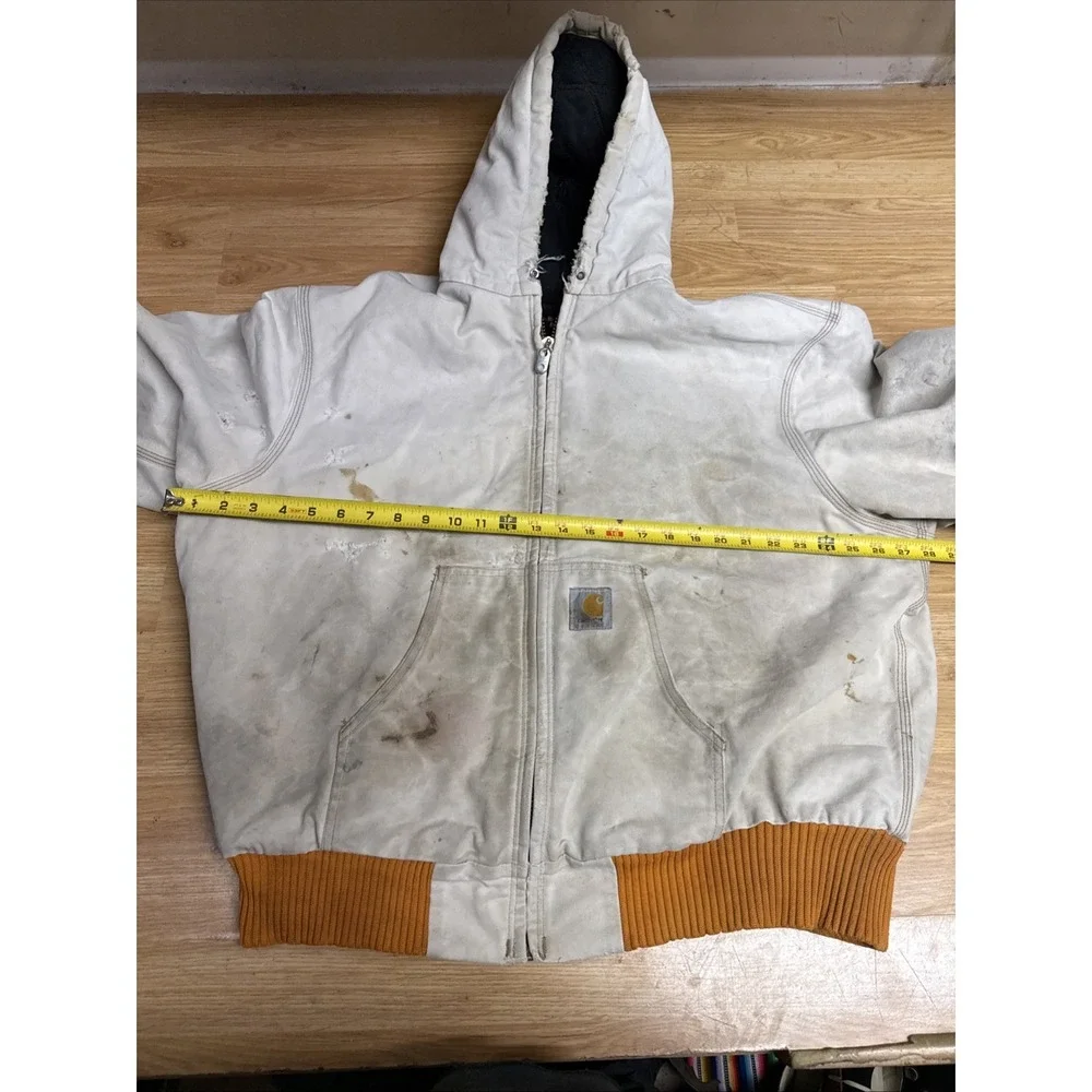 Vintage 90s Carhartt Hooded Jacket Quilt Lined Thrashed Off White Orange Trim